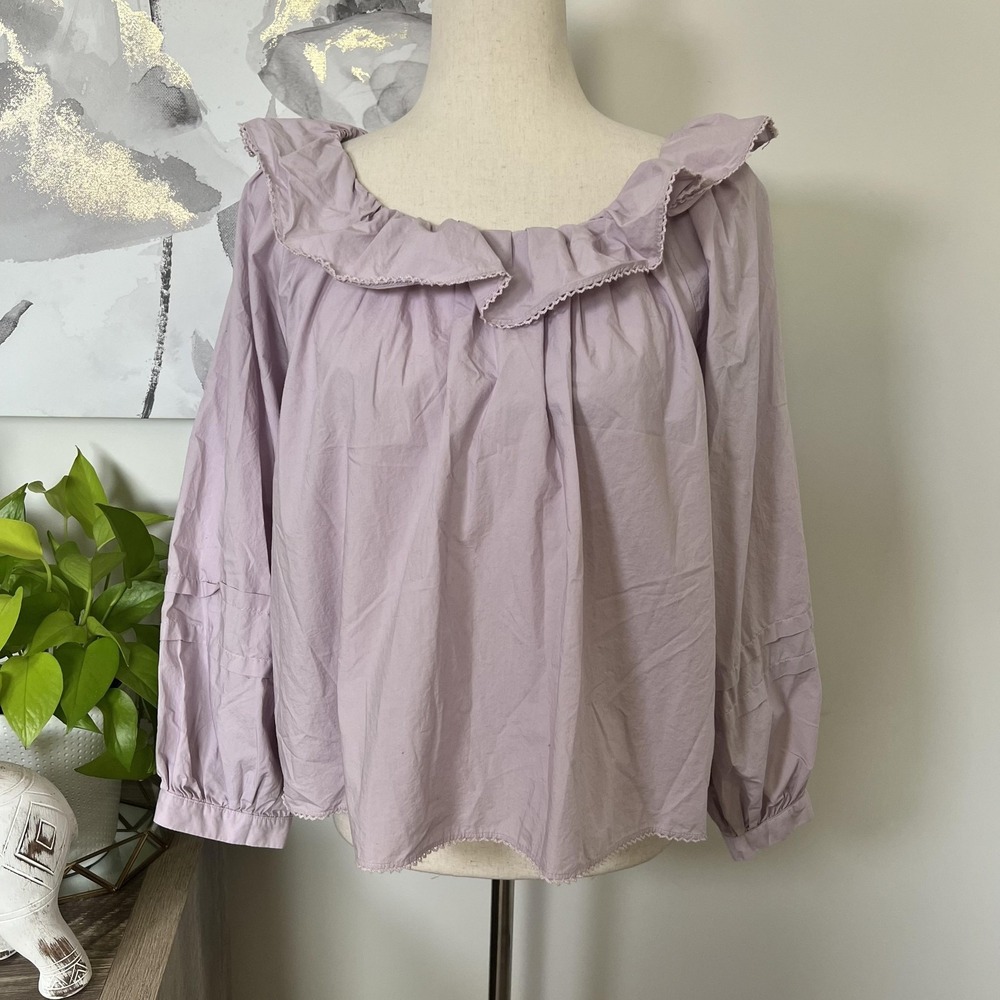 Aritzia Wilfred Top 2XS Purple Ruffle Scoop Neck Long Sleeve Cotton Cottage Boho